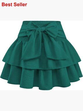 Flowy High Waisted Bow Mini Skirt Ruffle Hem A-Line Skater